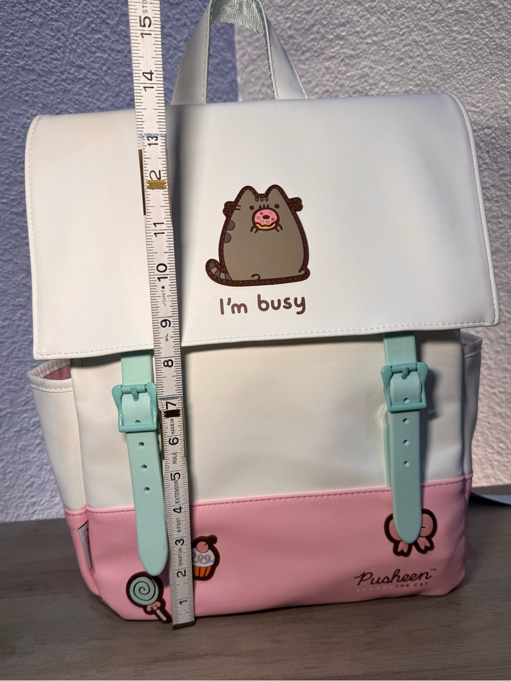 NWOT Pusheen The Cat I’m Busy Faux Leather Backpack Licensed 13x12x5 Kawaii - Picture 11 of 13